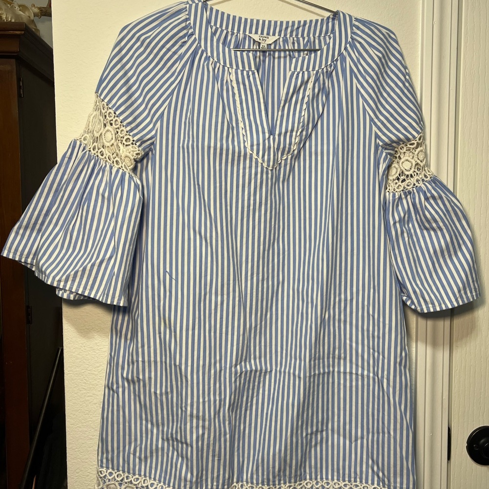 Blue and White Striped Women's Top with Lace Details